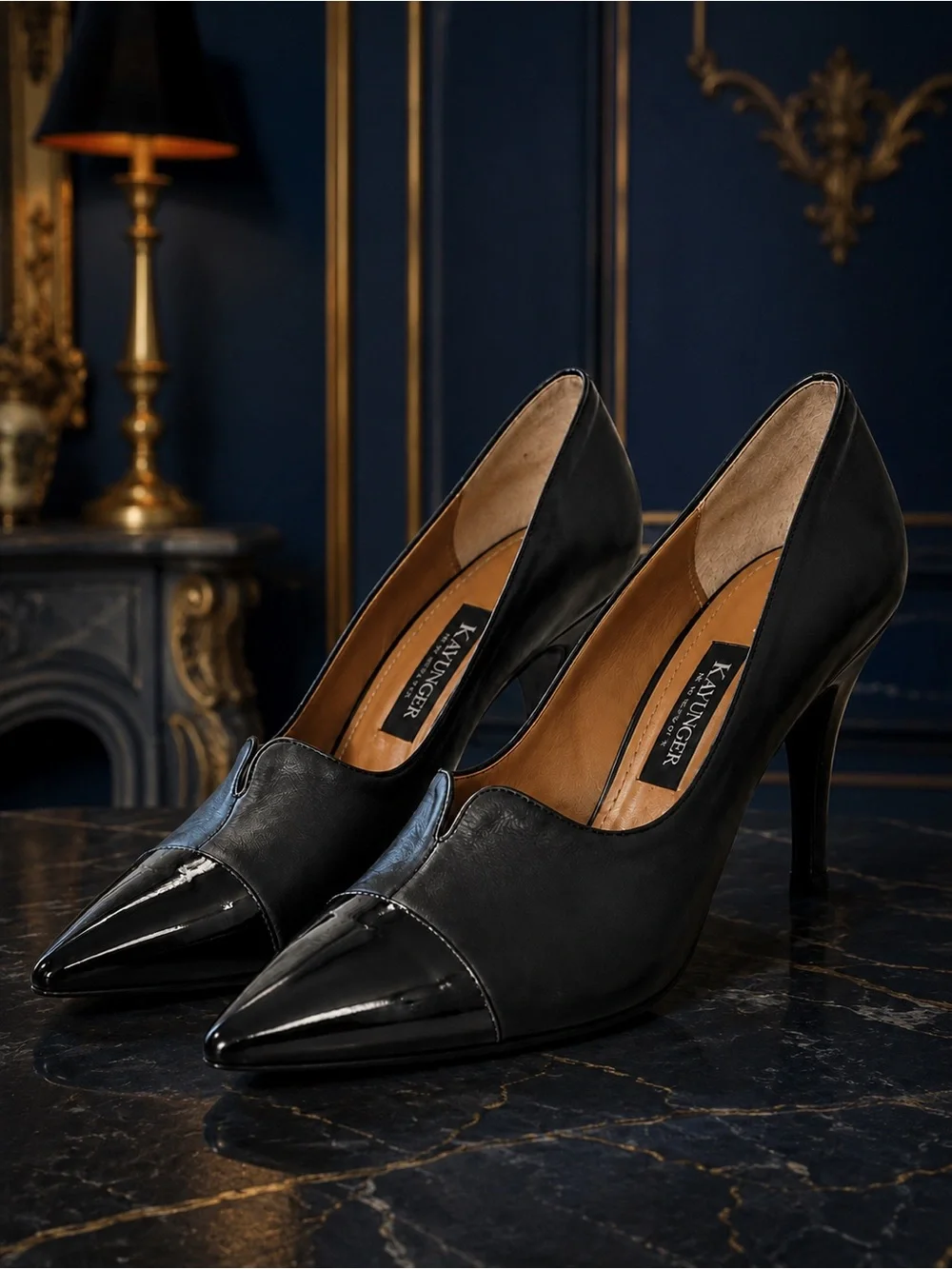 Kay Unger Black Pointed Toe Patent-Cap Pumps